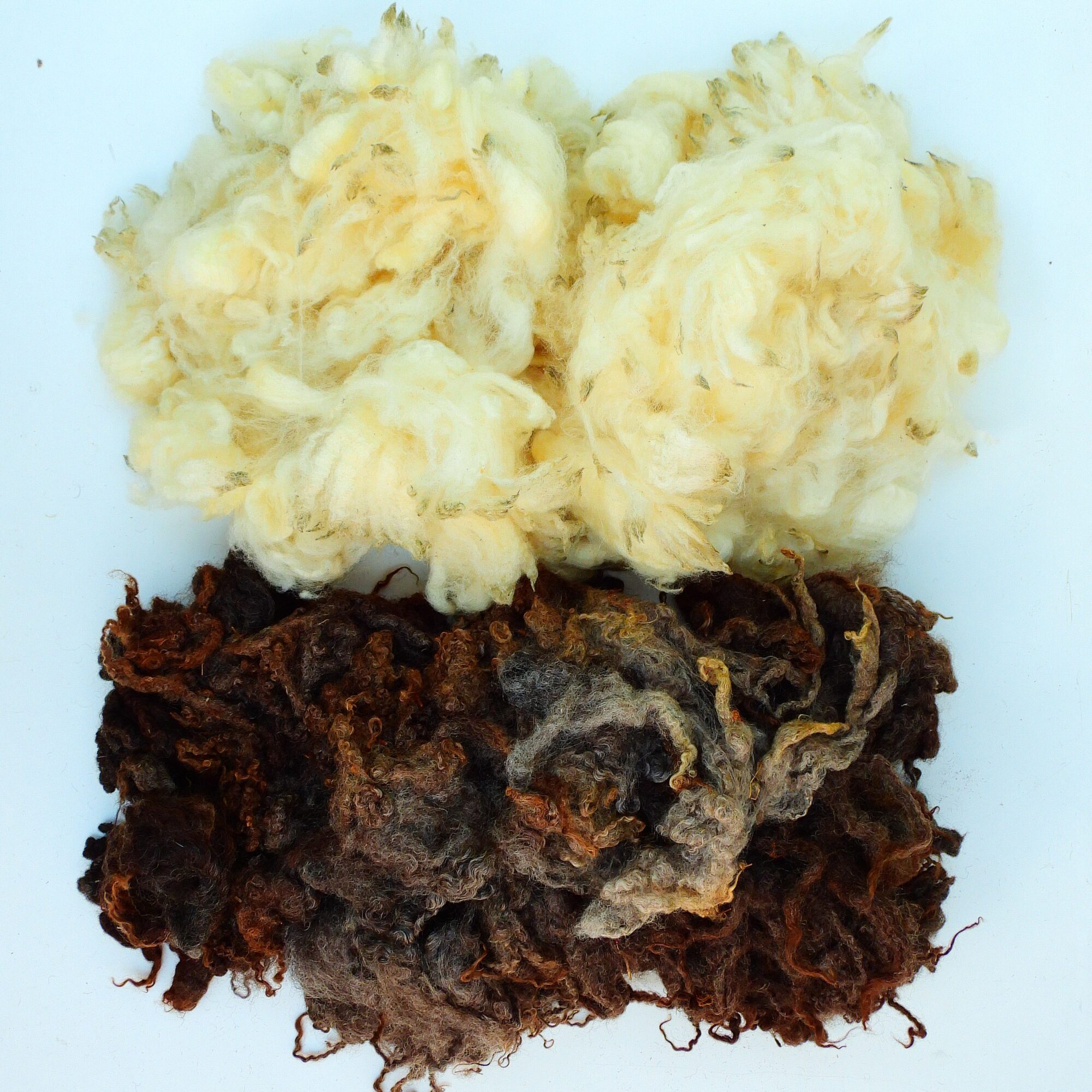 A bundle of cream fleece and a bundle of brown fleece
