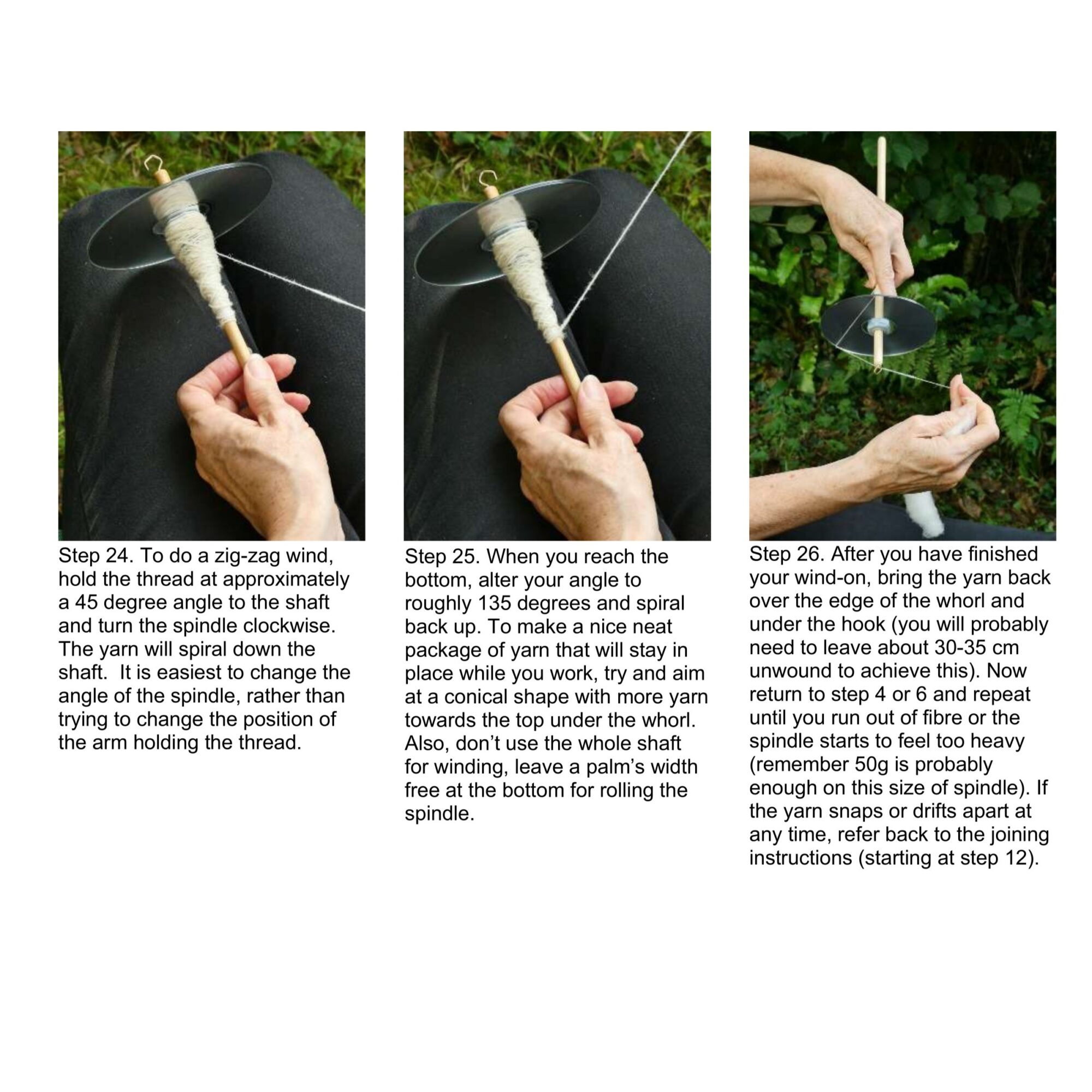 3 images showing how to wind yarn onto a spindle once spun