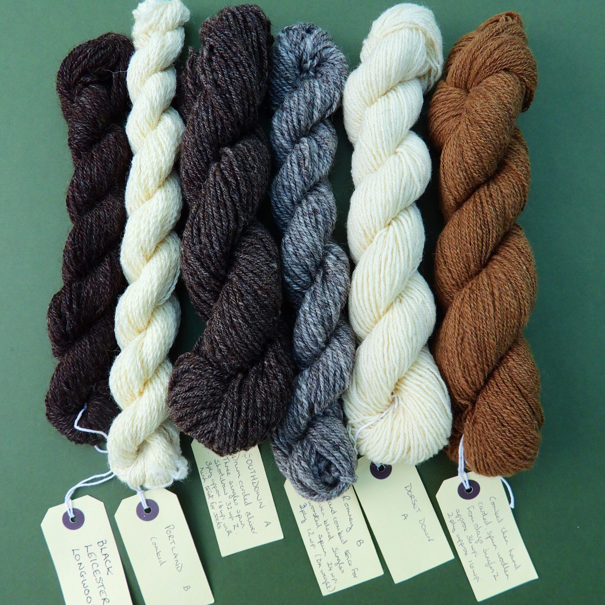 A collection of 6 spun and plyed skeins in natural fleece colours