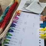 A sample card of dyed yarns. Madder, Saxon blue and weld have been used